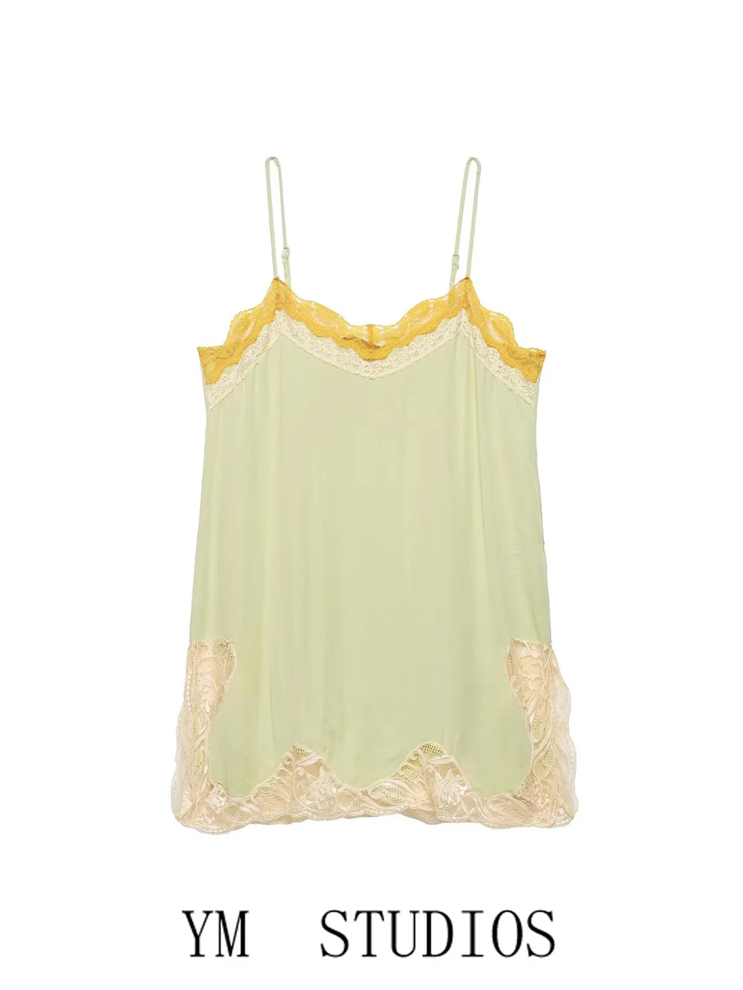 Women's Lace Splice Strap Vest Green Hem Side Slit Sexy Inner Wear Top Polyester Fiber Regular Length Summer Fashion