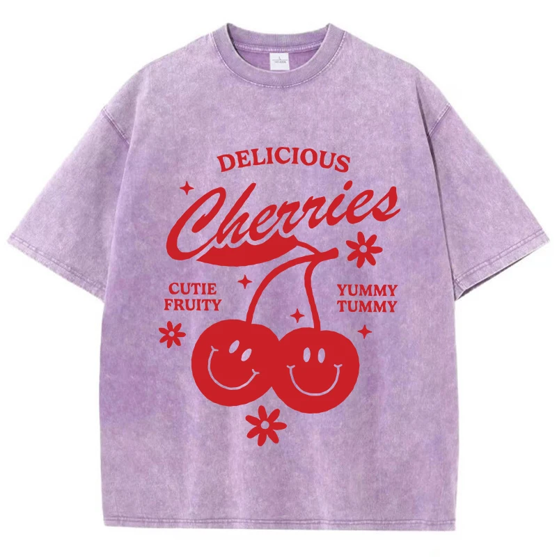 Delicious Cherries Pattern Printing Male Washed Tshirt Breathable Summer T Shirt Casual Fashion Top Distressed O-Neck Tshirts