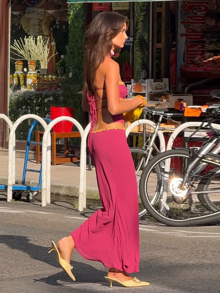Perlenbesetztes Spitzen-Top mit langem Rock, sexy Neckholder-Oberteil, ärmellos, rückenfrei, kurze Tops, Hüftrock, charmante Damen-Outfits – Detail 7