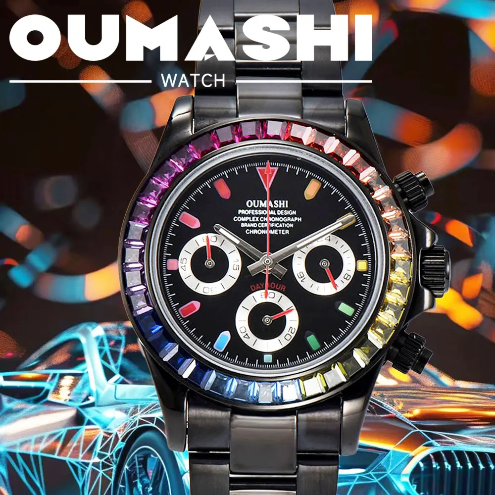 Luxurious 39mm Black Men's Watch Business Style with VK63 Movement Sapphire Crystal Colored Gemstone Bezel