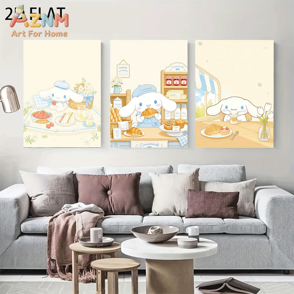 AZNM Cinnamoroll Canvas Wall Art Unframed Cute Cartoon Print Poster Bakery Picnic Croissant Strawberry Tulip Flower Breakfast Sc