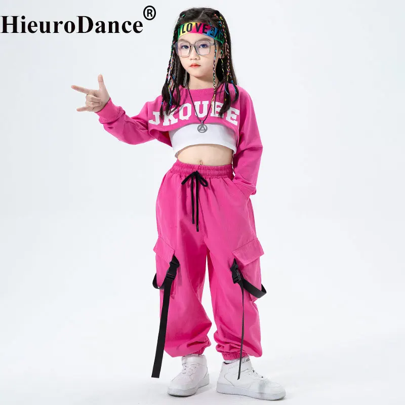 Criança hip hop traje kpop outfits para meninas moletom colheita superior camisa de manga longa tanque calças carga crianças roupas de dança rua