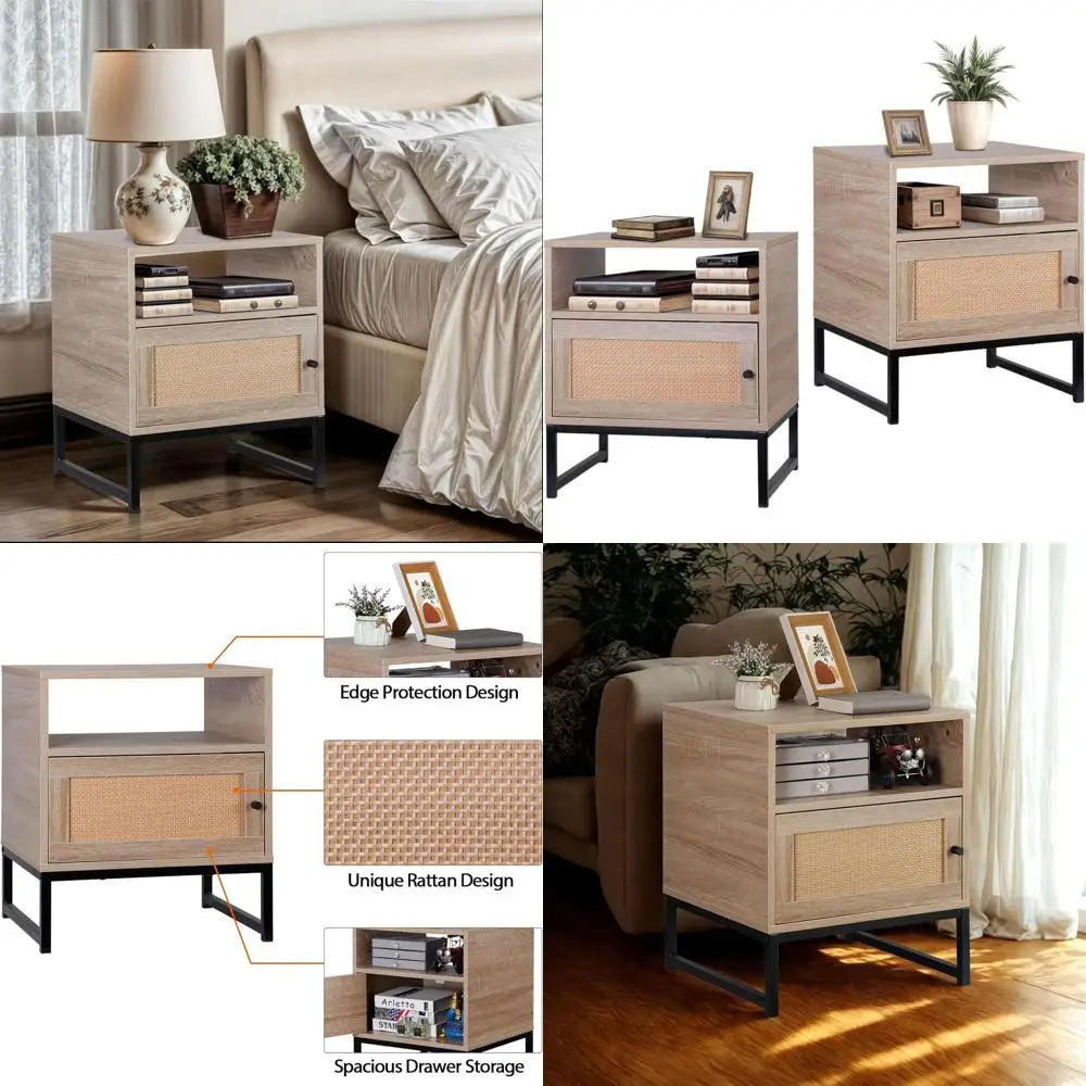 

Pair of Rattan End Tables with Storage Drawer for Living Room, Bedroom, and Small Spaces, Natural Metal Finish