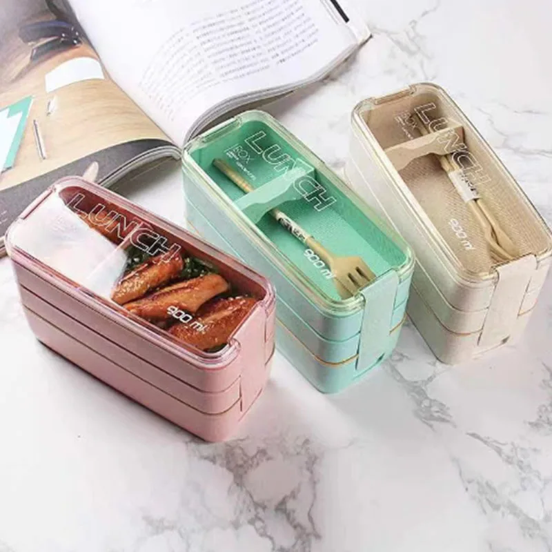 

1pc Healthy Material Lunch Box 3 Layer Wheat Straw Bento Boxes Microwave Dinnerware Food Storage Container Lunchbox 900ml