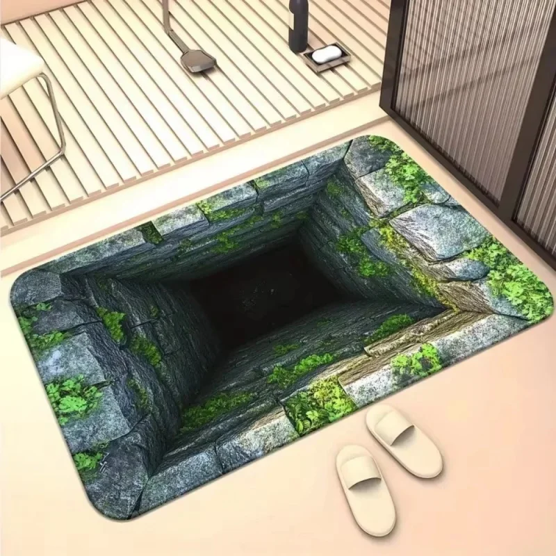 3D Stone Well Waterfall Optical Illusion Doormat Non Slip Funny Entrance Floor Mat