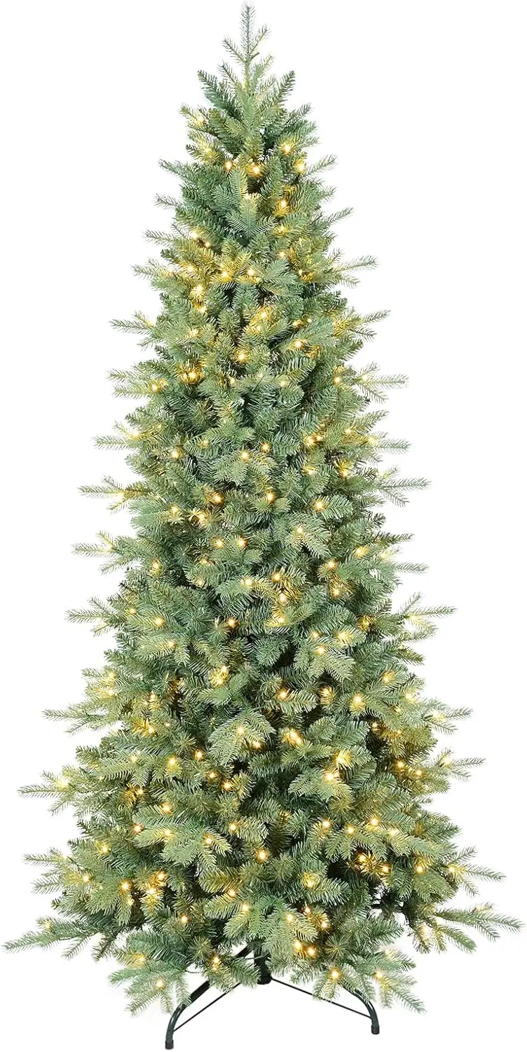 9 FT Prelit Artificial Skinny Christmas Tree,Blue Spruce Slim Pencil Xmas Tree with 2470 PE&PVC Mixed Branch Tips