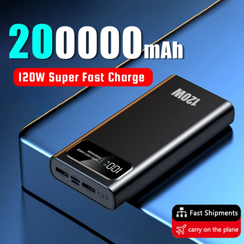 200000mAh 120W Fast Charging Power Bank Ultralarge Capacity Portable Digital Display External Battery For Xiaomi iPhone Samsung