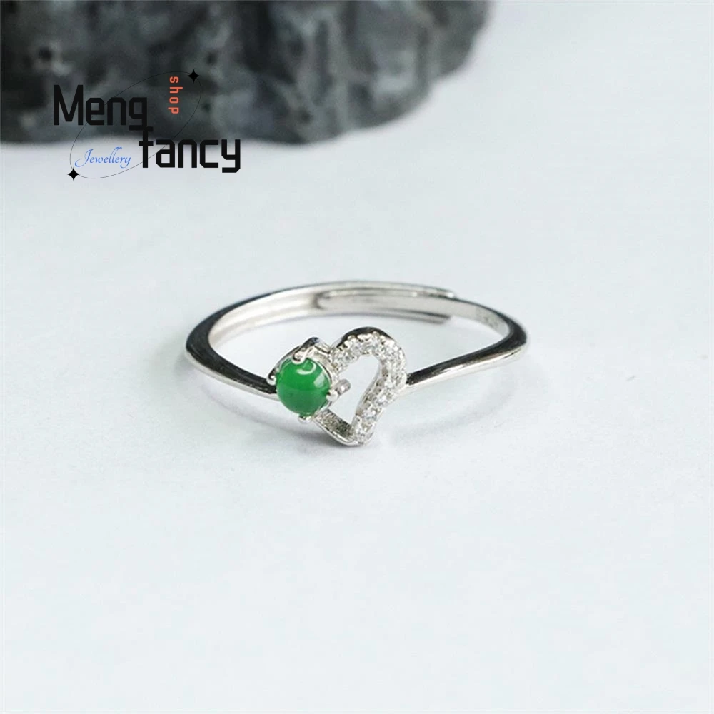 S925 Silver Inlaid Natural Jadeite Ice Type Imperial Green Love Ring Exquisite Elegant High-grade Couple promise Fashion Jewelry