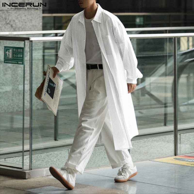 

INCERUN Мужская длинная стильная рубашка с лацканами и длинным рукавом, свободная уличная одежда, мужская одежда, 2025 г., модные повседневные мужские рубашки большого размера, топы, S-5XL