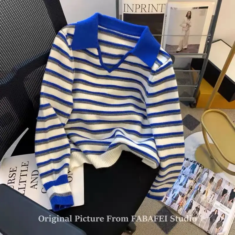 

Корейский стиль, ленивый стиль, свободный ретро-синий полосатый свитер с воротником-поло для женщин, осенне-зимний вязаный топ