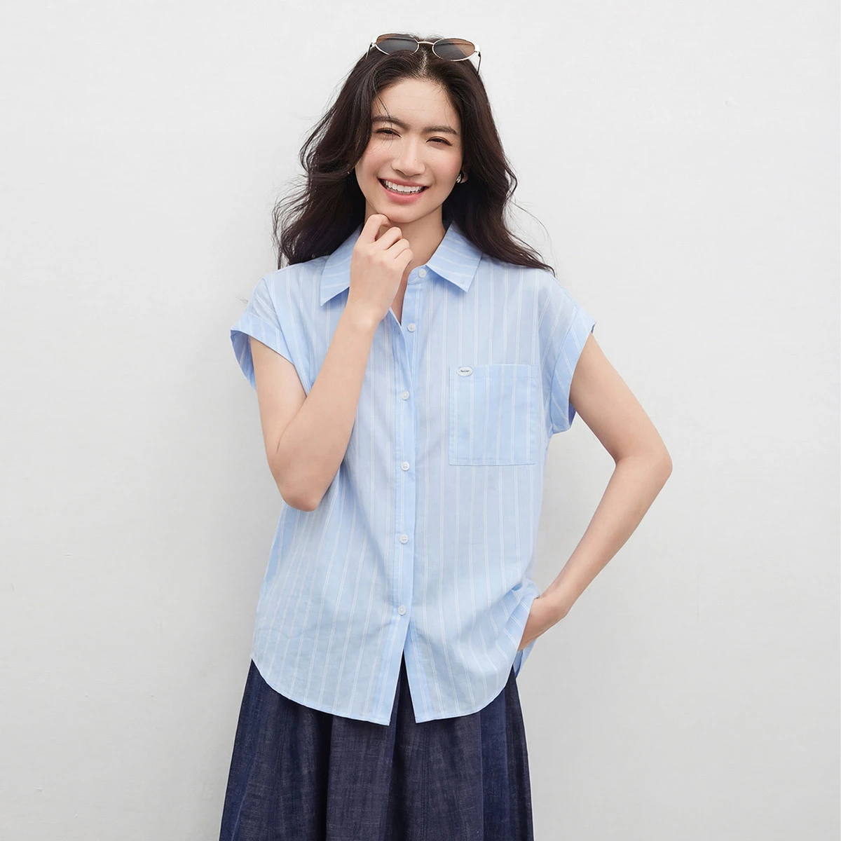

SENTUBILA Women's Striped Shirt 2026 Summer Fashion Lapel Collar Single Pocket Cotton Blend Office Sleeveless Blouse 152C59280