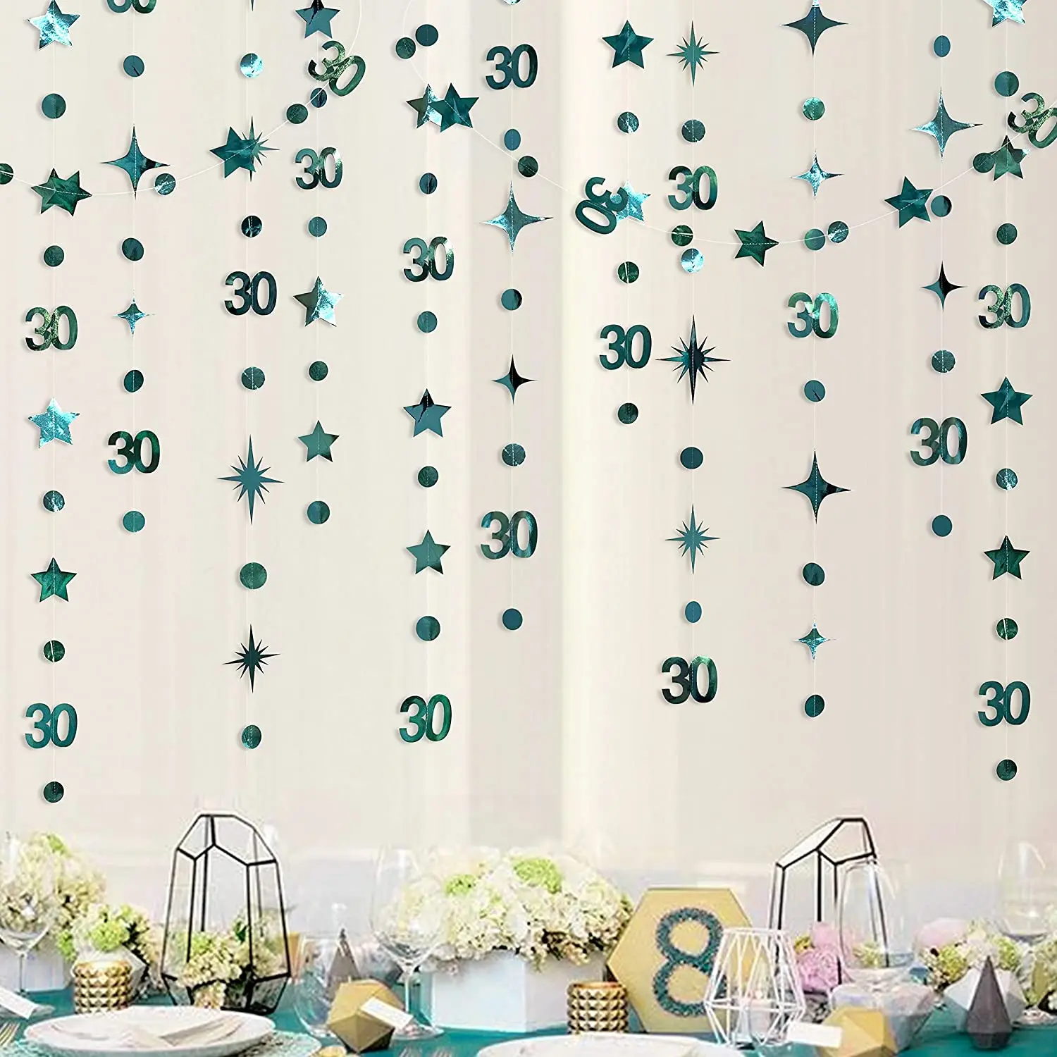 Emerald Green 30th Birthday Party Decorations Number 30 Circle Dot Star Garland Metallic Hanging Streamer for Dirty 30 Year Old