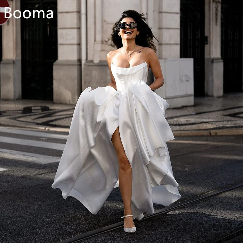 

Booma Simple Strapless Side Split Pleat Wedding Dresses Long Satin Sleeveless Brides Gown Custom Made 2025