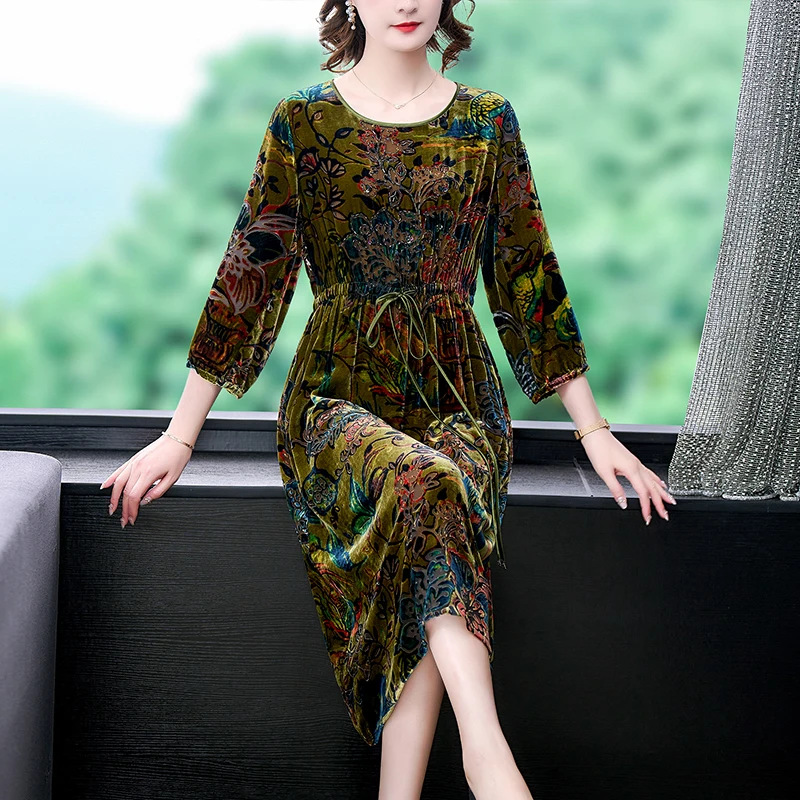 2024 Autumn New Green Floral Velvet Chic Midi Dress Women Luxury Elegant Casual Dress Korean Vintage Bodycon Party Night Dress