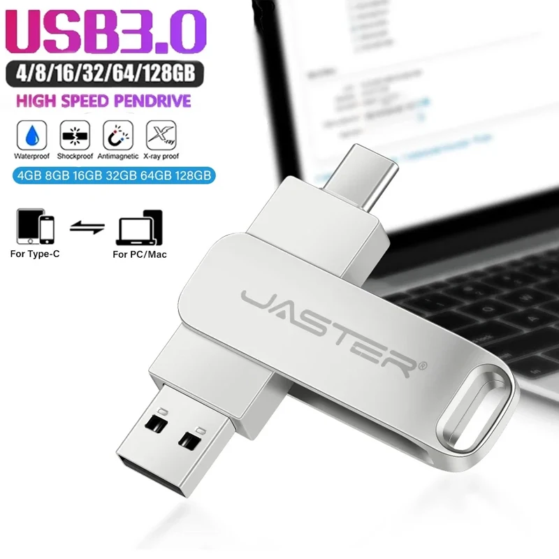 

JASTER Metal Rotatable USB 3.0 Flash Drive 128GB TYPE-C 2 in 1 Memory Stick 64GB High Speed Pen Drive 32GB Silver USB Stick 16GB
