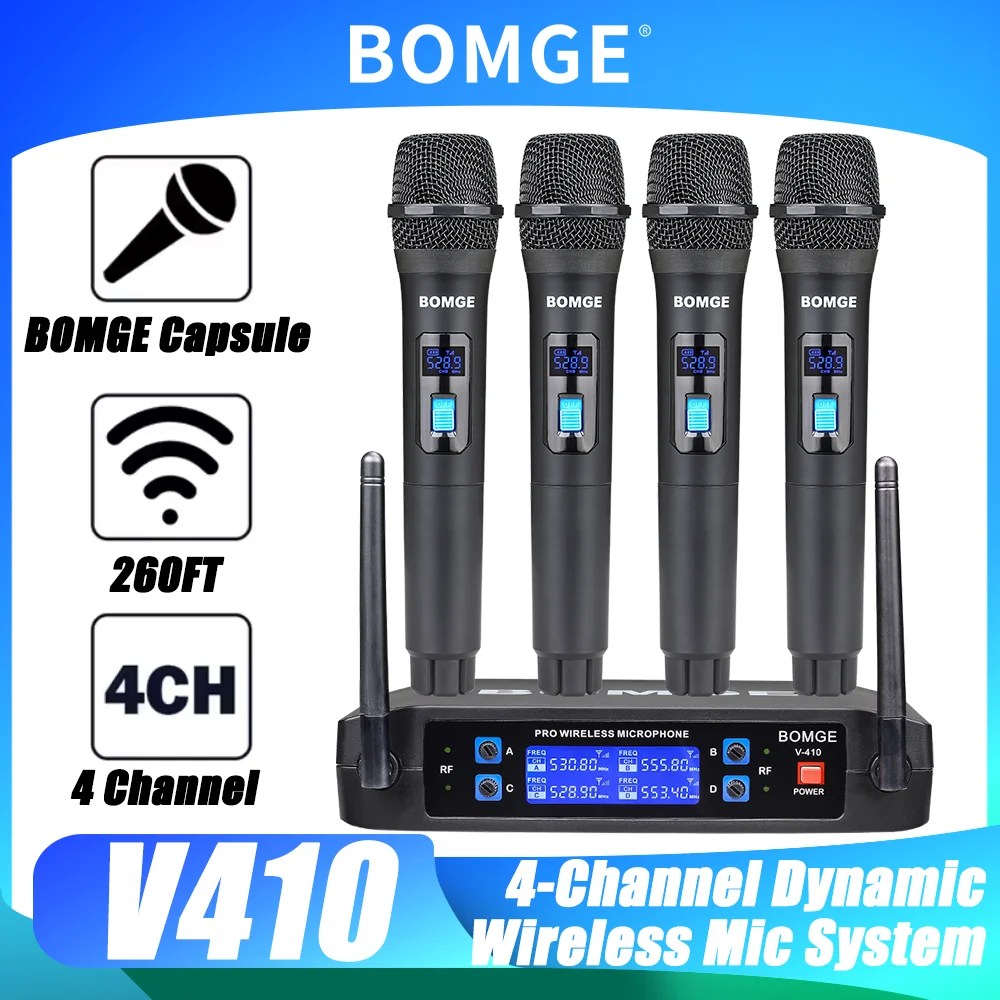 Wireless Microphone System BOMGE 4 Channels Karaoke Mic Fixed Frequency For Karaoke Wedding Party Band Church Performanc