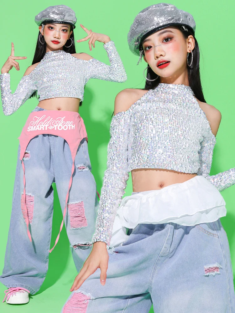 Girls Kpop Dance Costume Kid Jazz Stage Show Performance Clothing Silver Sequins Top Hip Hop Denim Pants Street Dance Wear 2748