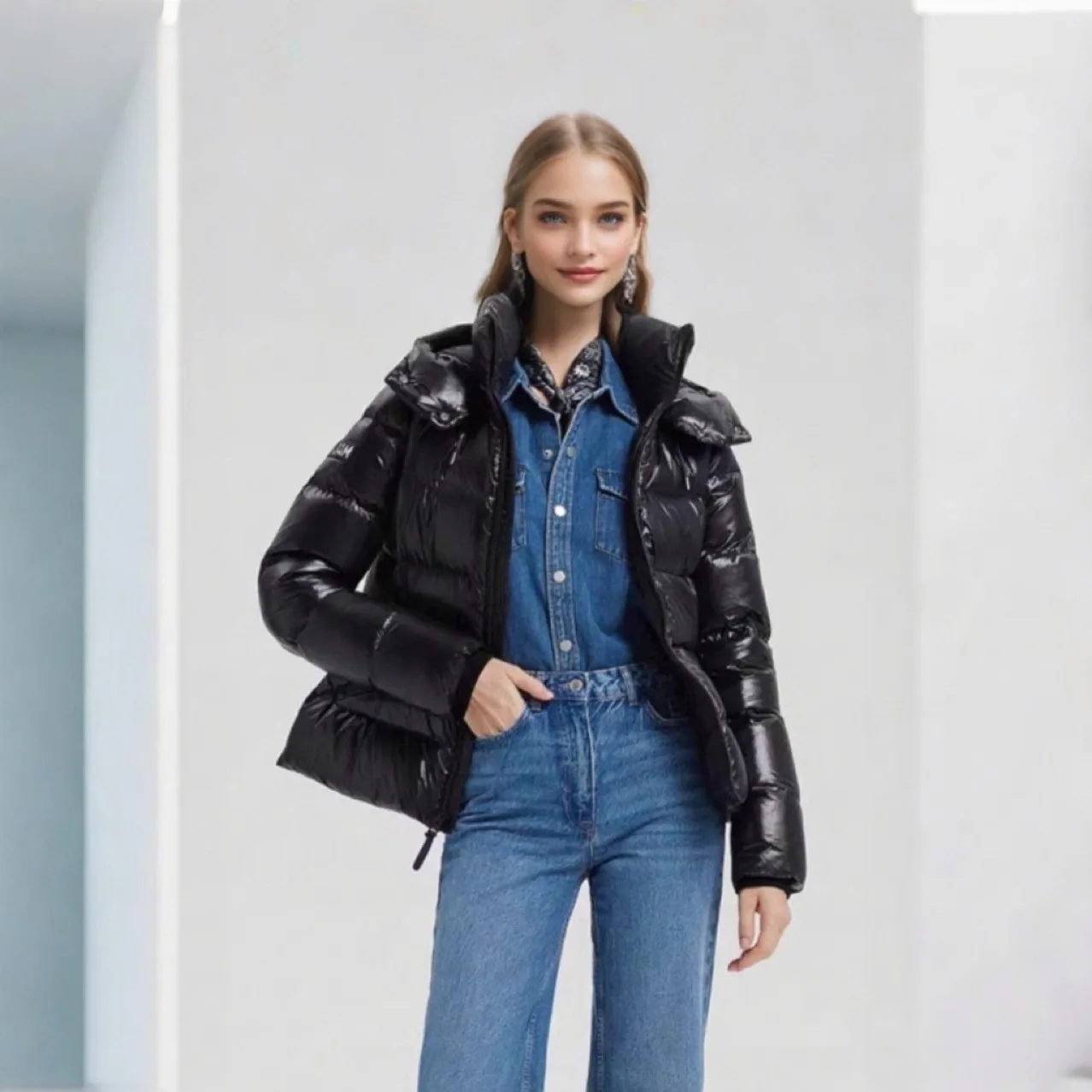 Women Solid Hooded Glossy Padded Jacket Long Sleeve Stand Zipper Fluffy Warm Coat Autumn Winter 2026 Chic Casual Street Jackets