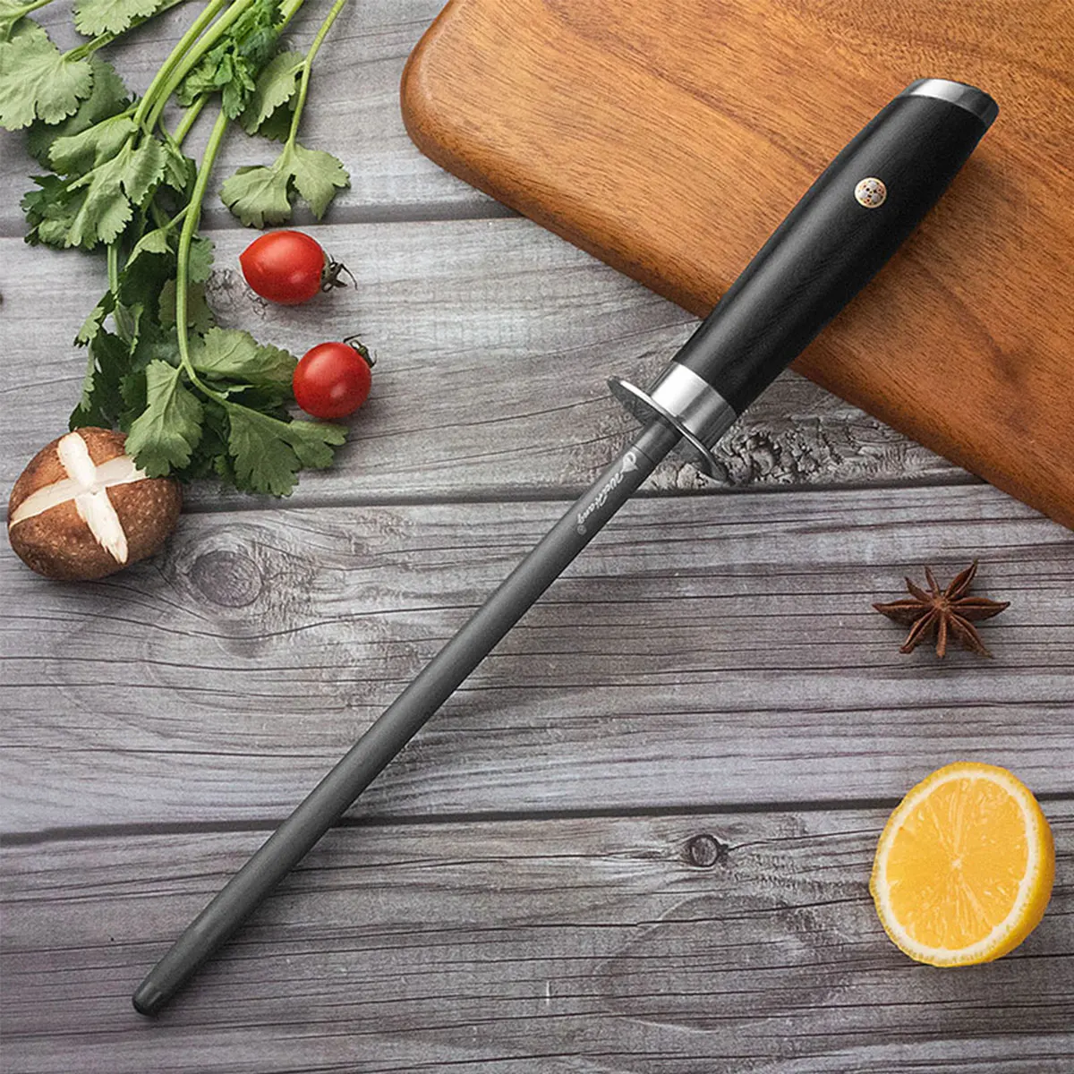 

Commercial Grade Damascus Sharpening Rod Dual Sided Black Steel for Chef Knives Professional Precision Sharpener