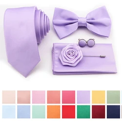 Hot Sale Purple Pink Sage Green Tie Set Polyester Necktie Bowtie Cufflink Brooch For Groom Suit Wedding Cravat Shirt Accessory