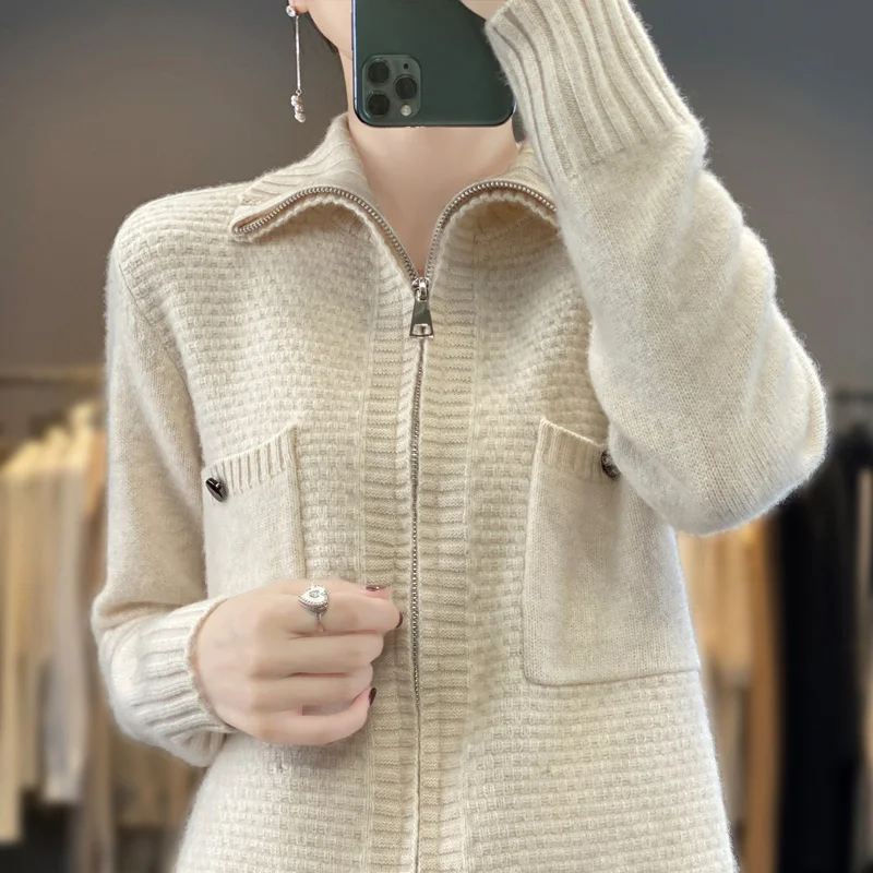 

New Women's Zipper Cardigan Polo Sweater 100% Woolen Sweater Knitted Warm Top Autumn Coat Dual Pocket Fashion Design Hot Sale
