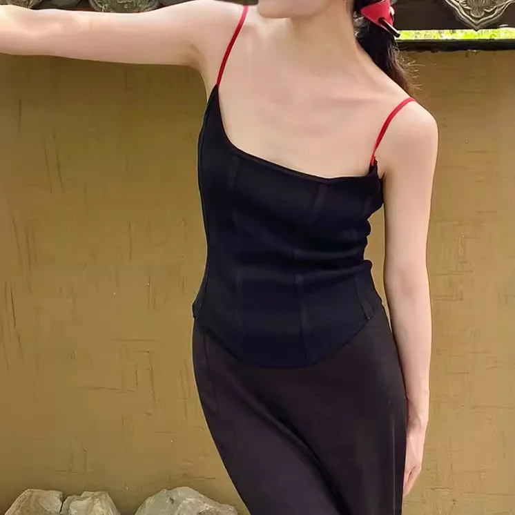 

7060 Summer Zen Style Square Neck Backless Slim Fit Sexy Fishbone Irregular Color Block Camisole