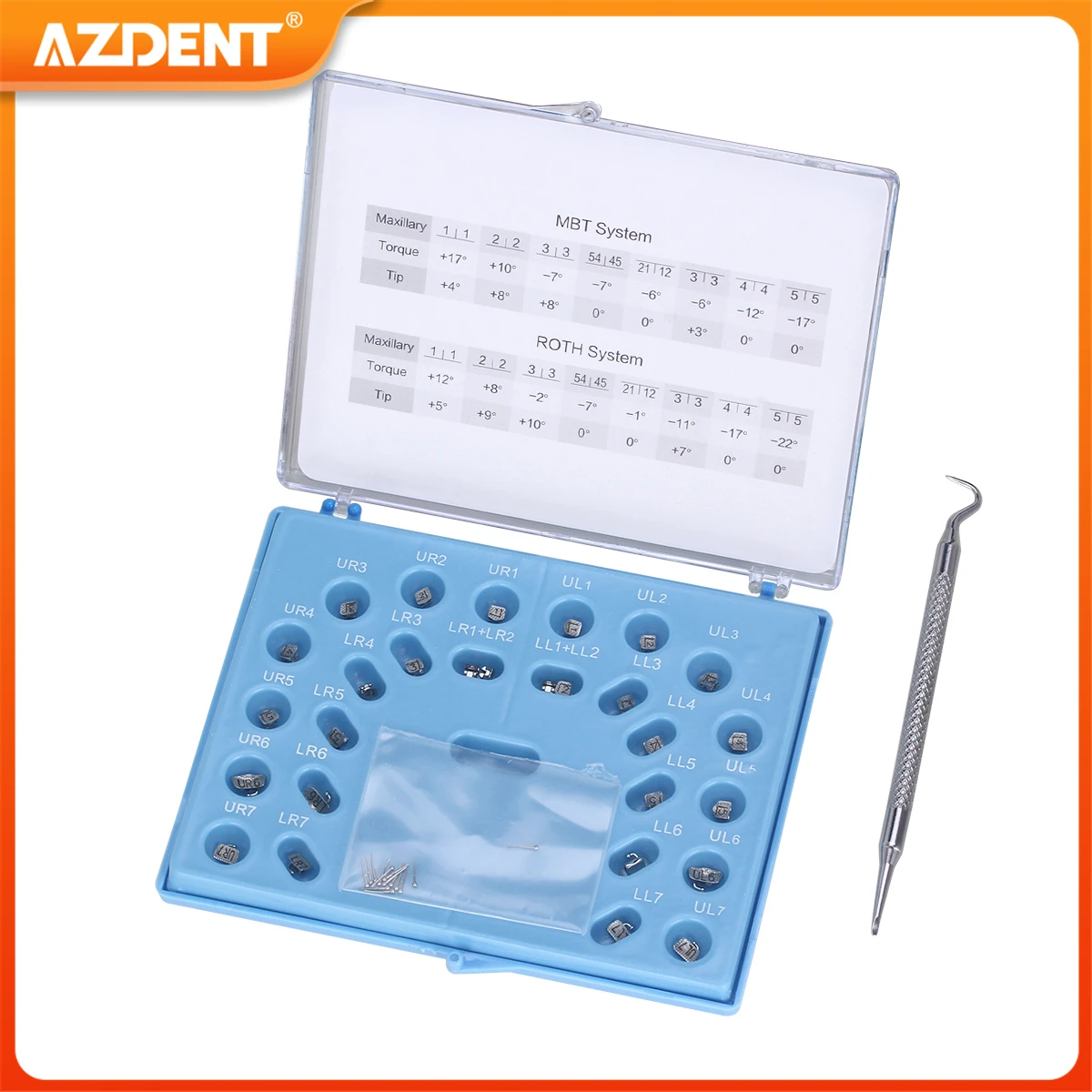 

28pcs/Box Dental Self-ligating Brackets AZDENT Orthodontic Braces Roth/MBT 0.022 with Buccal Tubes & Opening Tool Dentistry