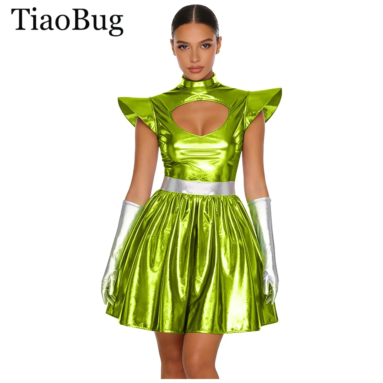 

Women Outerspace Astronaut Alien Robot Cosplay Costume Metallic Shiny Cap Sleeve A-line Dress with Gloves Halloween Carnival Set