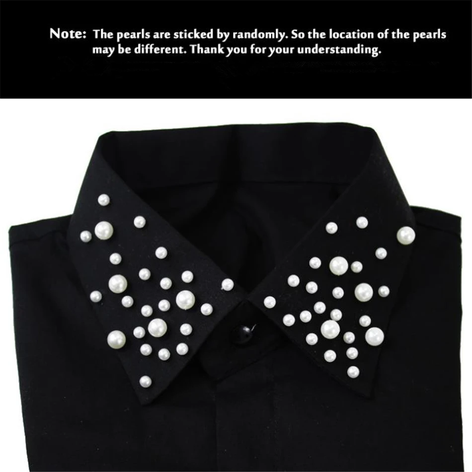 SHOWERSMILE-cuello de camisa de algodón negro para mujer, cuello falso con cuentas de perlas desmontables, suéter de camisa femenino, cuello falso, otoño