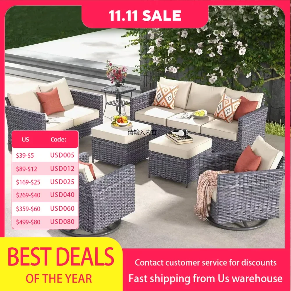 Patio furniture set, 7 pieces of outdoor wicker rattan sofa, double seat and comfortable cushion dialogue for garden backyard