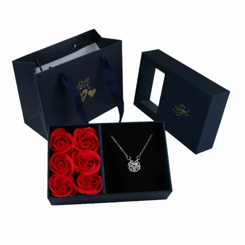 Valentine's Day Window Opening Jewelry Box Heart Four-leaf Clover Pendant Gift Packaging Box Bag Romantic 6 Rose Box