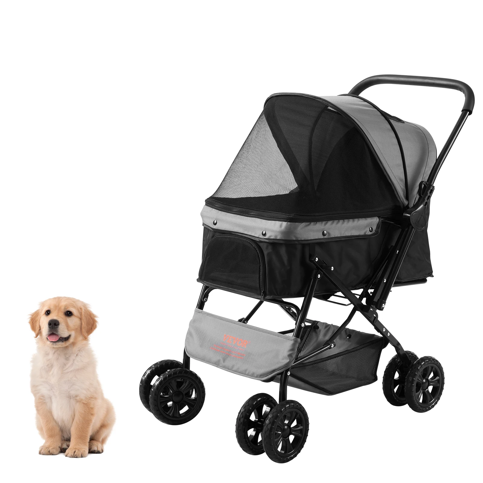 VEVOR 44lbs Pet Dog Stroller 4 Wheels Puppy Stroller Rotate with Brakes Storage Basket Reversible Handlebar for Dogs Cats Travel