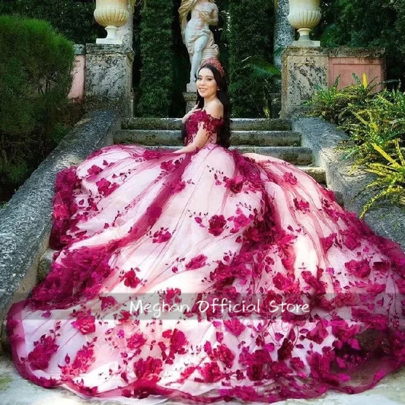 Vestido de quinceañera Floral personalizado, moda de flores 3D, vestido de baile Sexy con hombros descubiertos, vestidos de 15 quinceañera