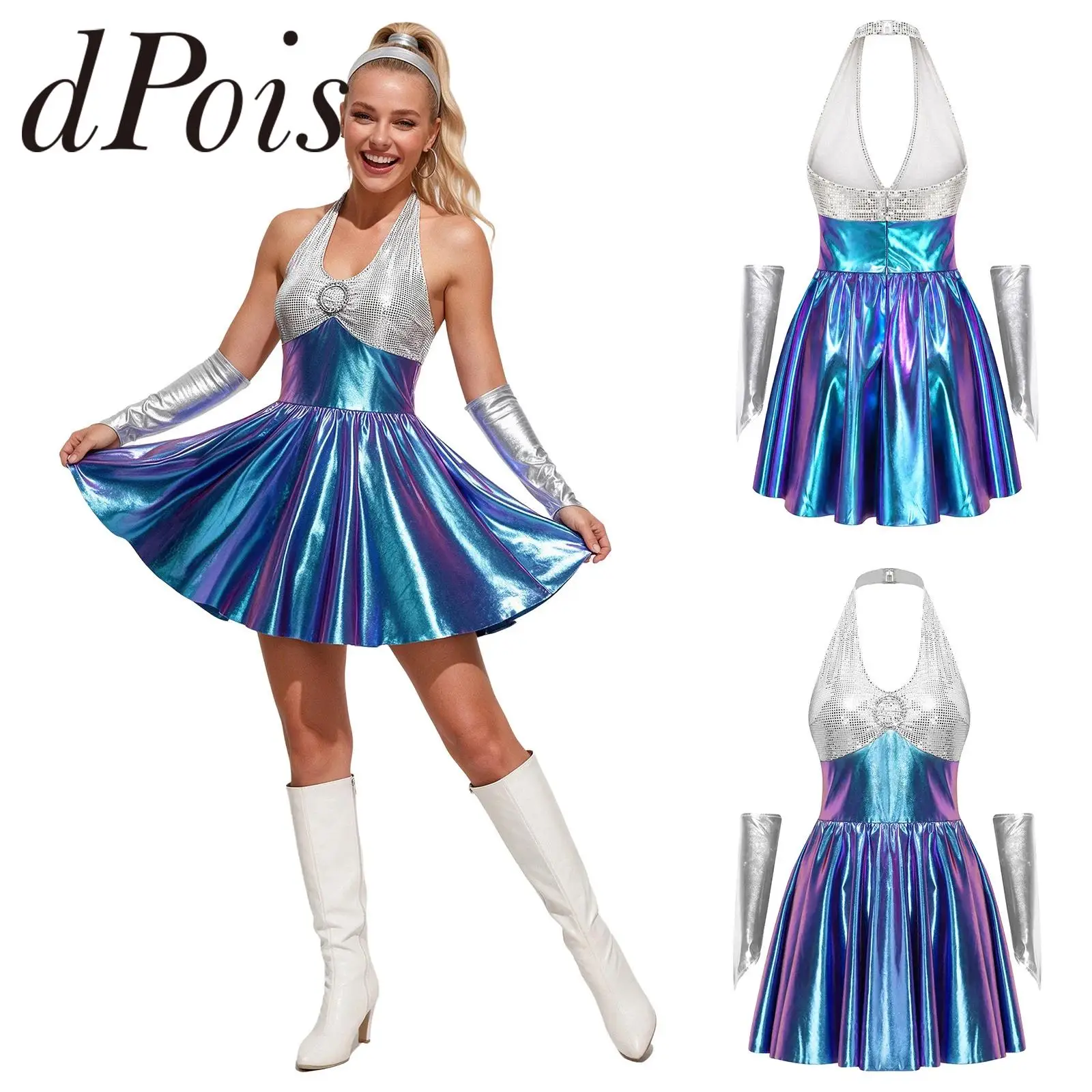 Women Hip Hop Clothes Sleeveless Dress for Jazz Dance Rave Party Shiny Sequin Metallic 70s Disco Stage Performance Costume