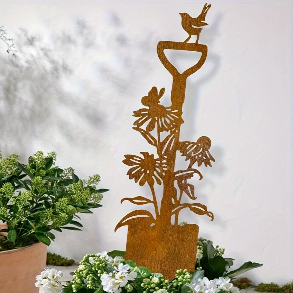 1pc a Naturally Rusted Metal Garden Shovel Featuring a Bird And Lily Flower Stake, Designed As a Rustic Outdoor Decoration