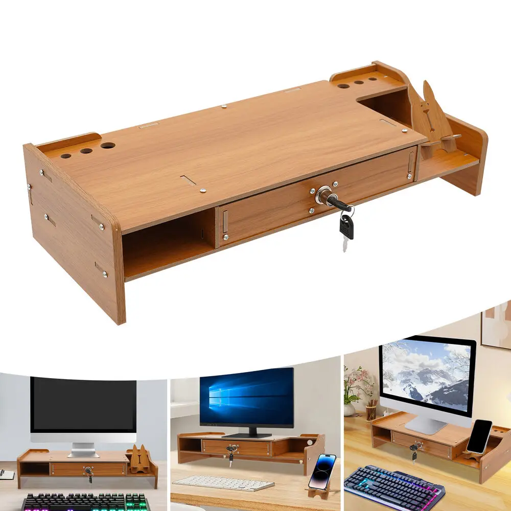 

Wood Monitor Riser Drawer with Lock Computer Laptop PC Stand Desk Organizer