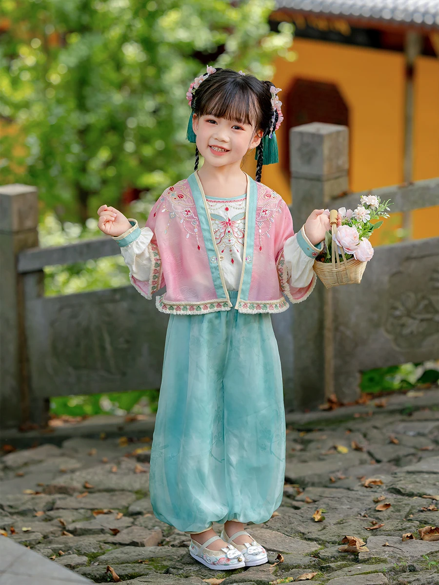 Hanfu เสื้อผ้าเด็กผู้หญิงสำหรับฤดูใบไม้ร่วง2024มาใหม่ชุดชุดจีนสามชิ้นสไตล์จีนสำหรับเด็กสูทสไตล์โบราณ