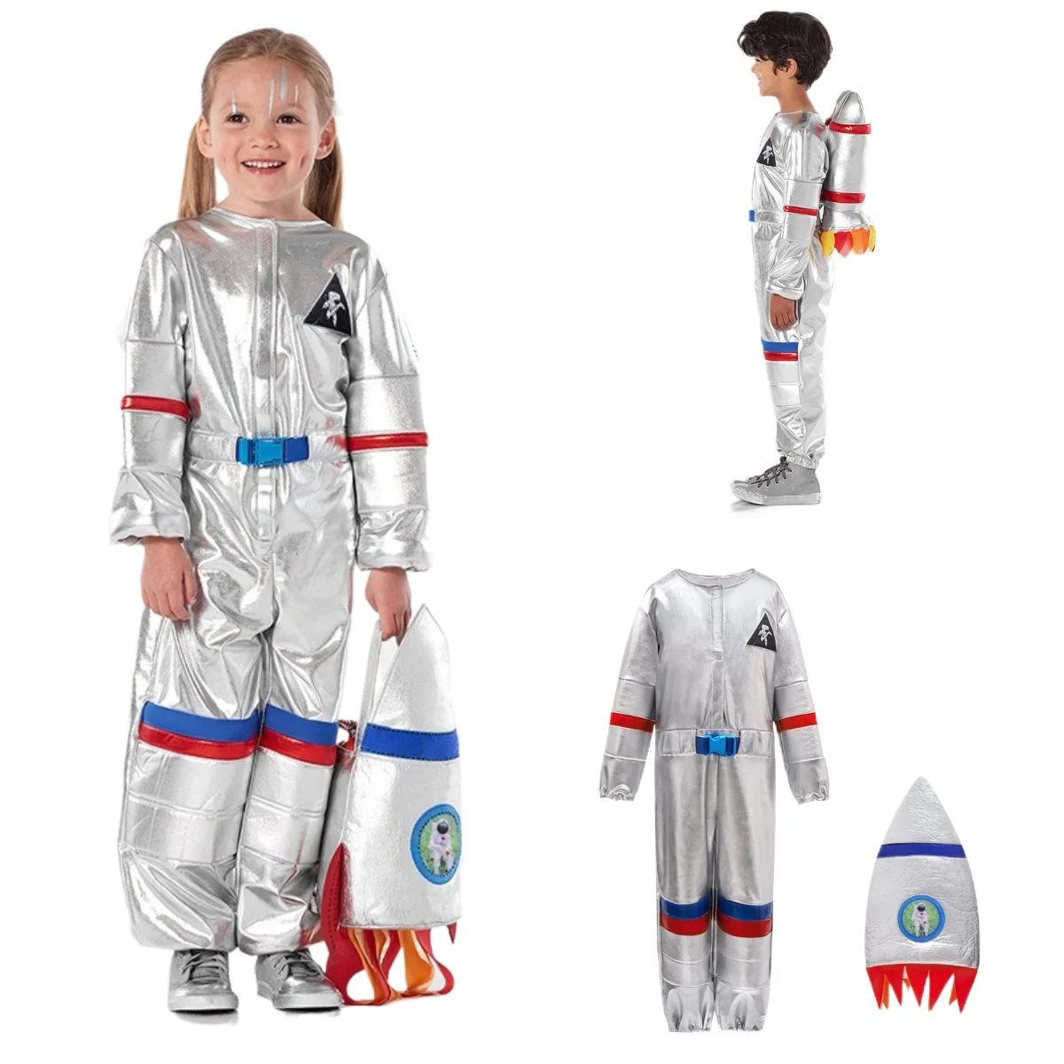 Kids Boys Girls Astronaut Pilot Role Play Jumpsuit Rocket Backpack Set Children Outfit Halloween Cosplay Costumes