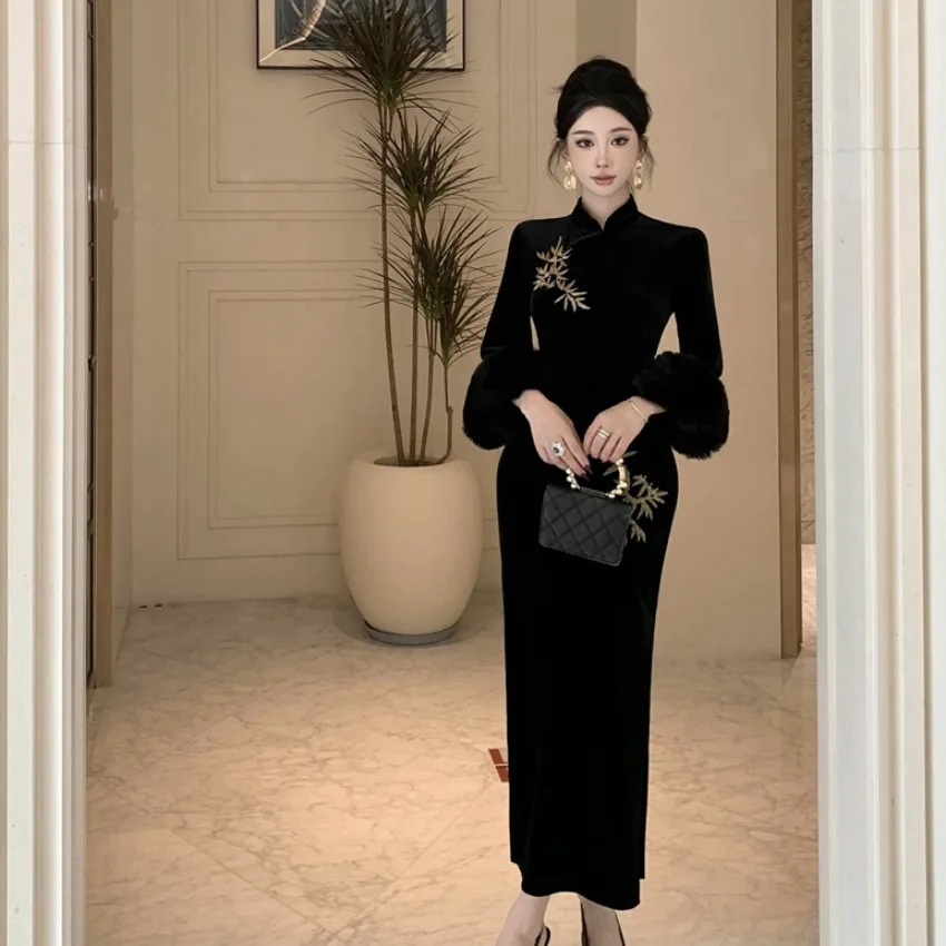 Ele Cappotto in velluto ricamato Sve Bell aped Dr Vita snellente Lungo Sve Midi Qipao Dr per giovani donne