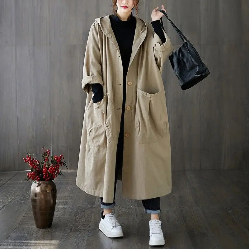 Outono solto novo estilo tamanho grande acima do joelho longo padrão grande bolso trench coat casaco feminino com capuz deslocamento pousio