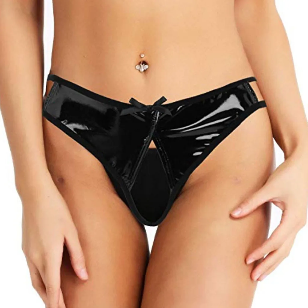 Women Latex Crotchless Panties Faux Leather Shorts Sexy Underwear Open Crotch Briefs Erotic Lingerie Nightclub Panties Clubwear