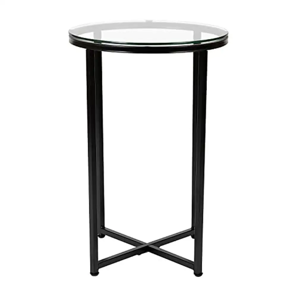 

Contemporary Clear Glass End Table with Crisscross Matte Black Frame Multipurpose Accent Furniture Living Room Strong Surface