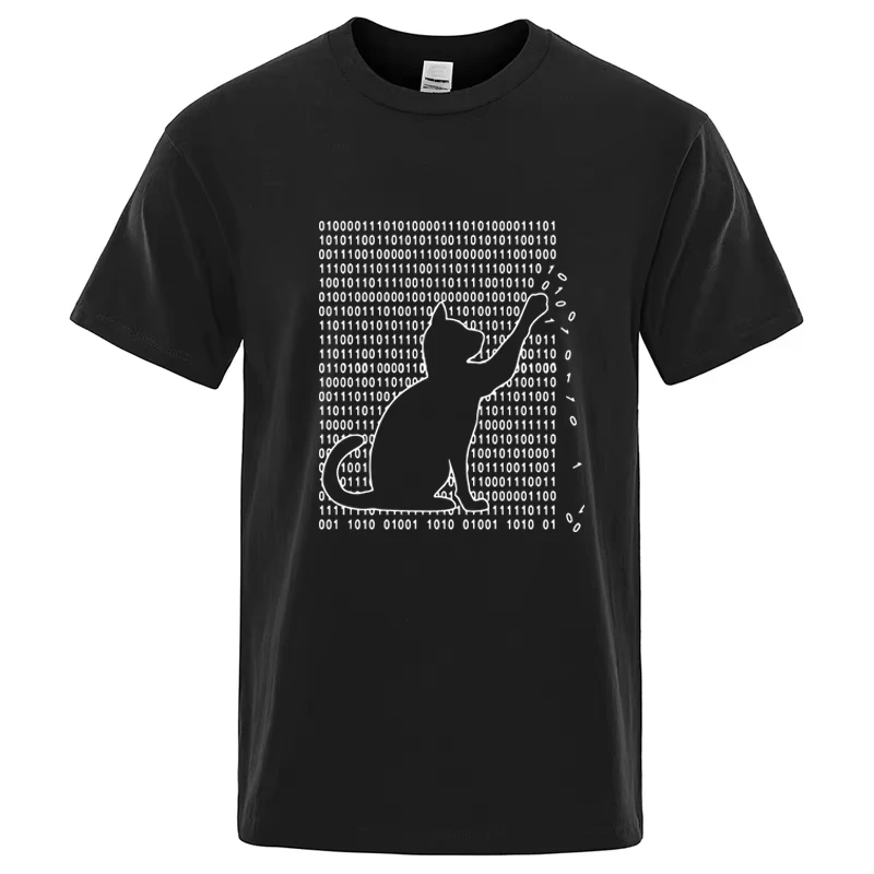 Binary Code Cat Graphic T‑Shirt Men Women Funny Programmer Geek Print Casual Short Sleeve Crew Neck Fashion Tee