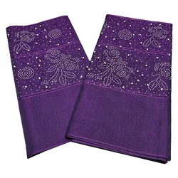 Purple African ASO OKE Headtie Fabric with Beads Drill Plain Color High Quality 2PCS/Bag Aso Oke Head Tie Belt For Party TV4201