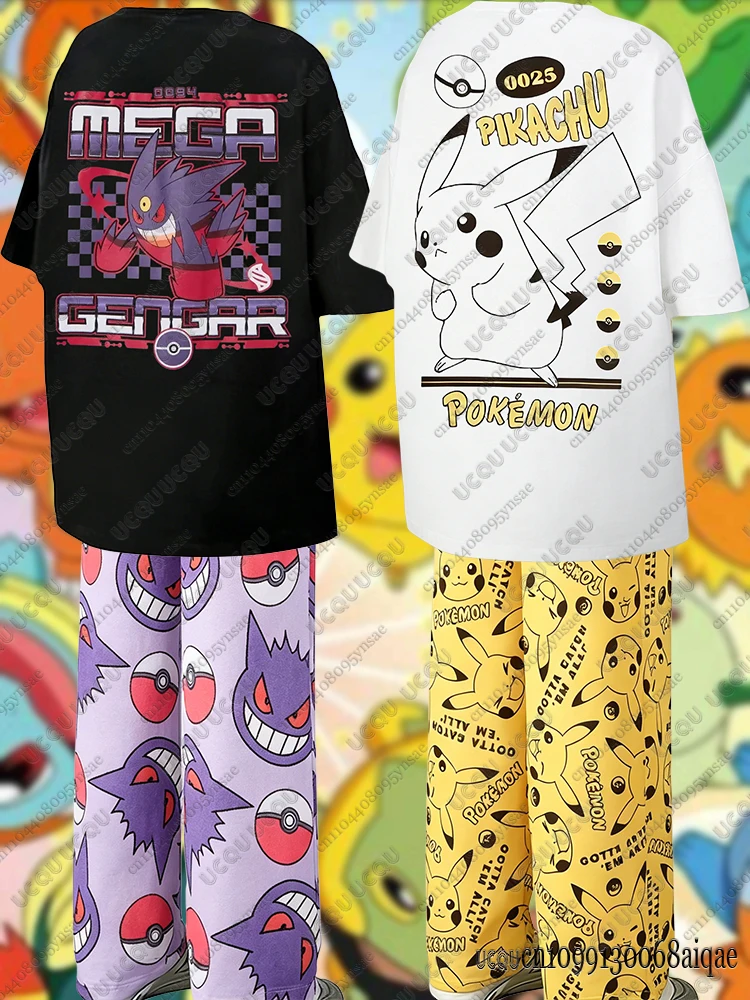 2026 Anime Pikachu&Gengar Summer Tshirts+Pajamas Pants Oversized Suits For Men Women Couple Cartoon Outfits Homewear Clothing