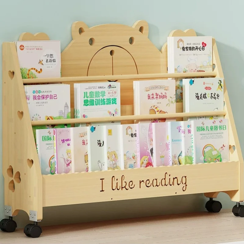 Solid Wood Floor Bookshelf, Multi-Tier Wall Lean Picture Book Rack, Waterproof Magazine Holder for Home & Kindergarten