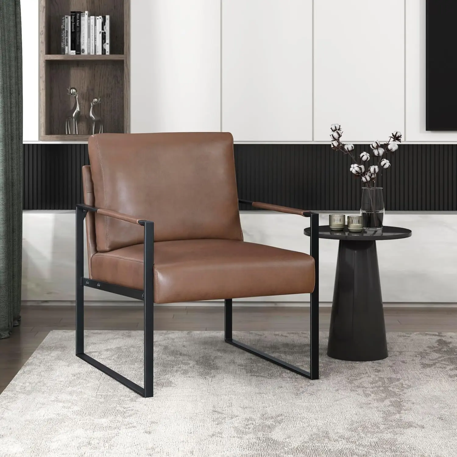 Living Room/Bedroom Faux Leather Brown Chair, Wrapped Armrests & Black Metal Frame, Comfy Design