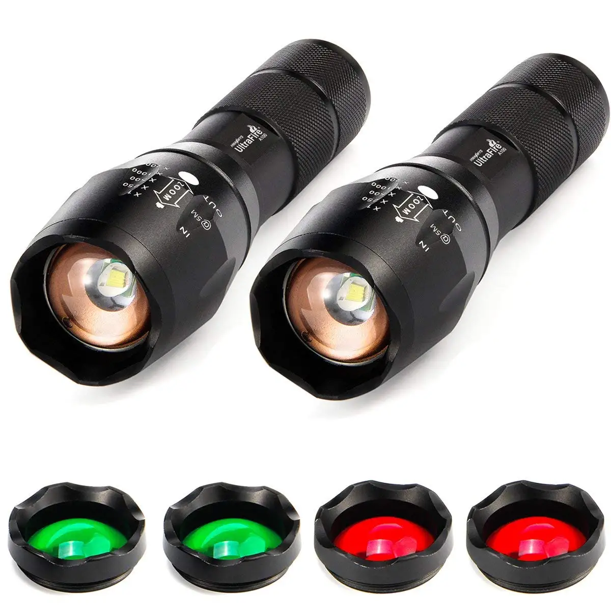 UltraFire A100 Ultra Bright Zoomable Tri-Color Flashlight Green/Red/White Light Waterproof 5 Lighting Mode Camping Hunting Torch