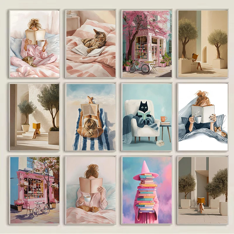 Girl Cat Reading Poster Bookshop Diamond Painting Print Wall Art Poster Library Book Lover Gift Reading Picture for Bedroom De