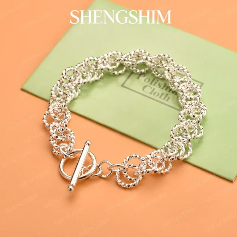 SHENGSHIM 925 Sterling Silver Lace Woven Twisted Chain OT Clasp Bangle Bracelet For Men Women Fashion Jewelry Weddings Party